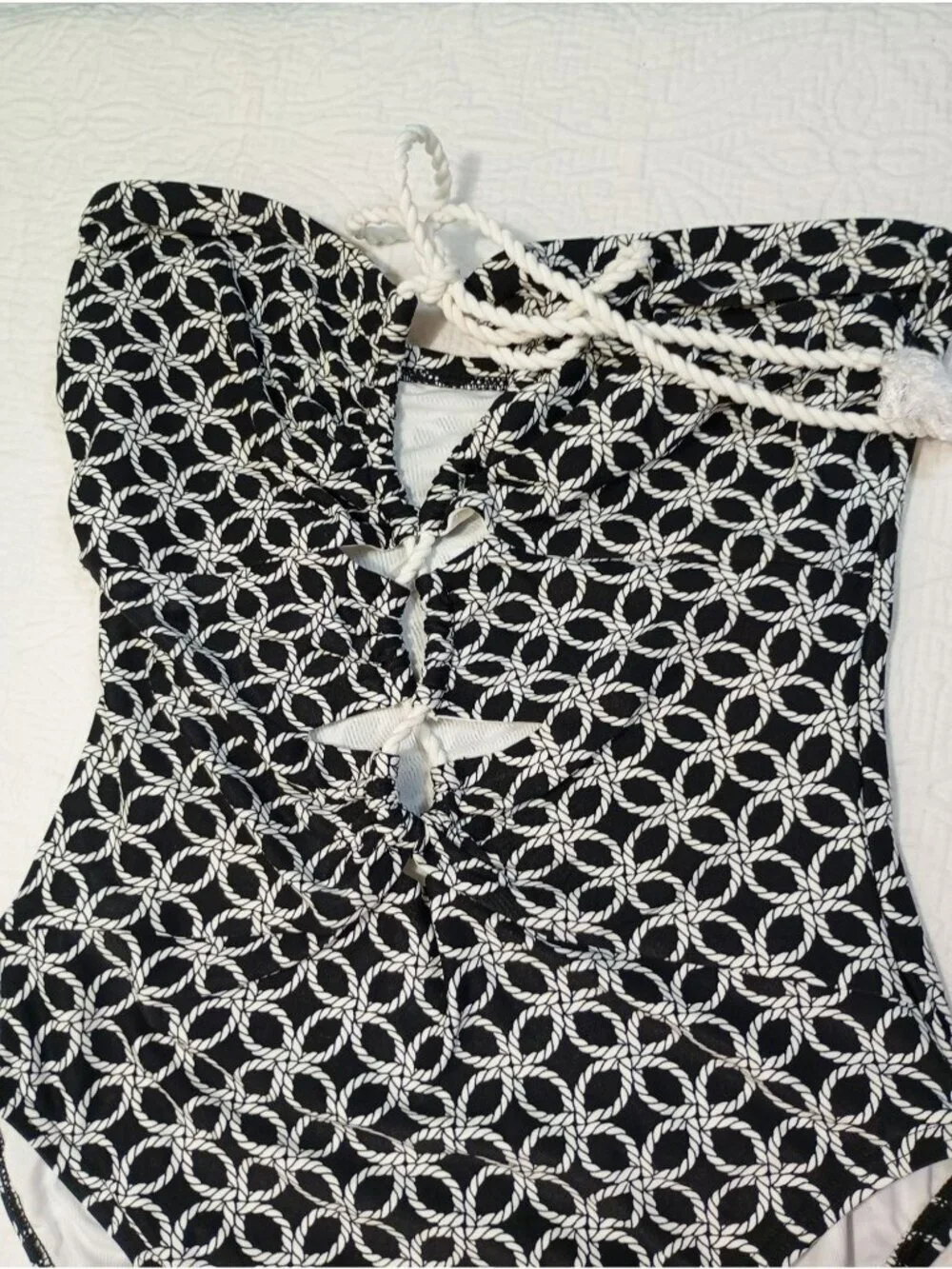 Michael Kors Black & White Rope Print One-Piece Swimsuit Sz 12 Tassel Tie Front